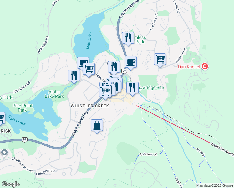 map of restaurants, bars, coffee shops, grocery stores, and more near 2063 Lake Placid Road in Whistler