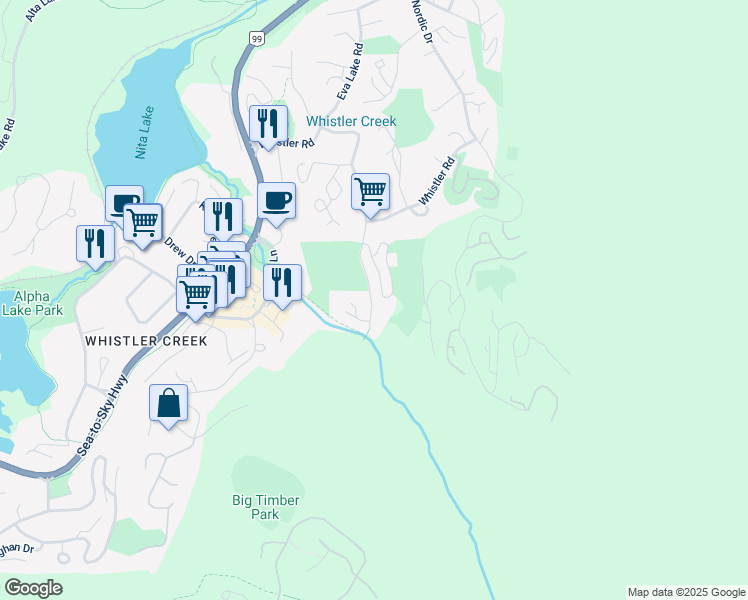 map of restaurants, bars, coffee shops, grocery stores, and more near 2560 Snowridge Crescent in Whistler
