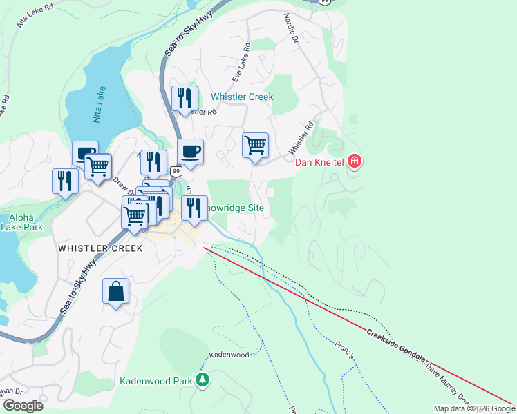 map of restaurants, bars, coffee shops, grocery stores, and more near 2556 Snowridge Crescent in Whistler