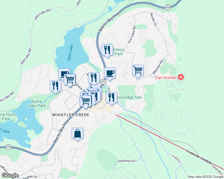 map of restaurants, bars, coffee shops, grocery stores, and more near 2020 London Lane in Whistler