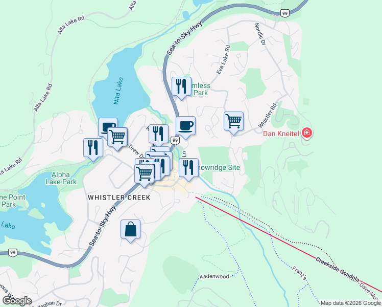 map of restaurants, bars, coffee shops, grocery stores, and more near 2020 London Lane in Whistler