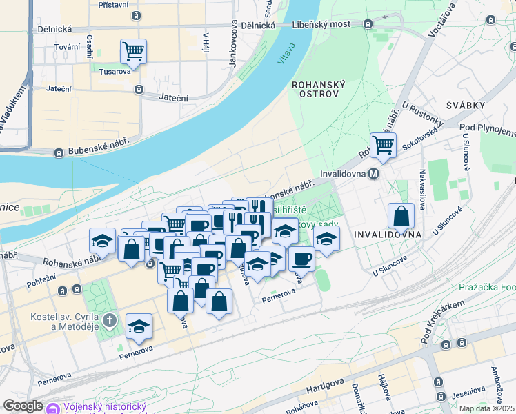 map of restaurants, bars, coffee shops, grocery stores, and more near Rohanské nábřeží in Hlavní město Praha