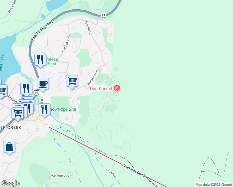 map of restaurants, bars, coffee shops, grocery stores, and more near 2240 Nordic Drive in Whistler