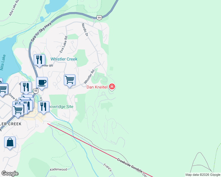 map of restaurants, bars, coffee shops, grocery stores, and more near 2225 Nordic Drive in Whistler