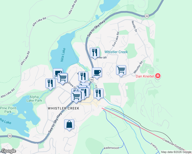 map of restaurants, bars, coffee shops, grocery stores, and more near 114 London Lane in Whistler