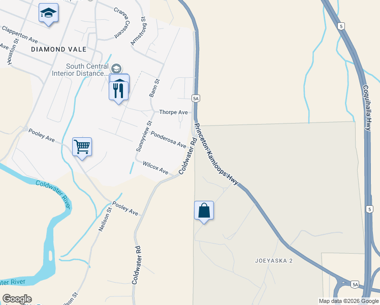 map of restaurants, bars, coffee shops, grocery stores, and more near Coldwater Road in Merritt