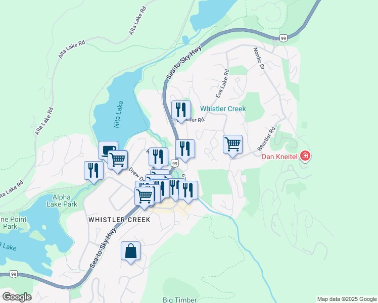 map of restaurants, bars, coffee shops, grocery stores, and more near 2101 Whistler Road in Whistler