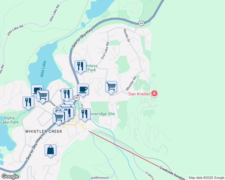 map of restaurants, bars, coffee shops, grocery stores, and more near 2524 Whistler Road in Whistler