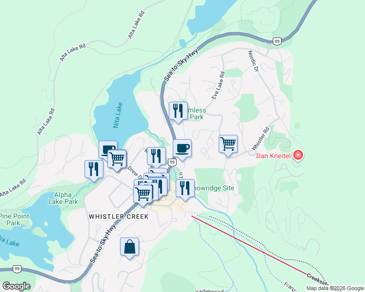 map of restaurants, bars, coffee shops, grocery stores, and more near 2109 Whistler Road in Whistler