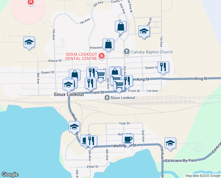 map of restaurants, bars, coffee shops, grocery stores, and more near 14 4th Avenue in Sioux Lookout