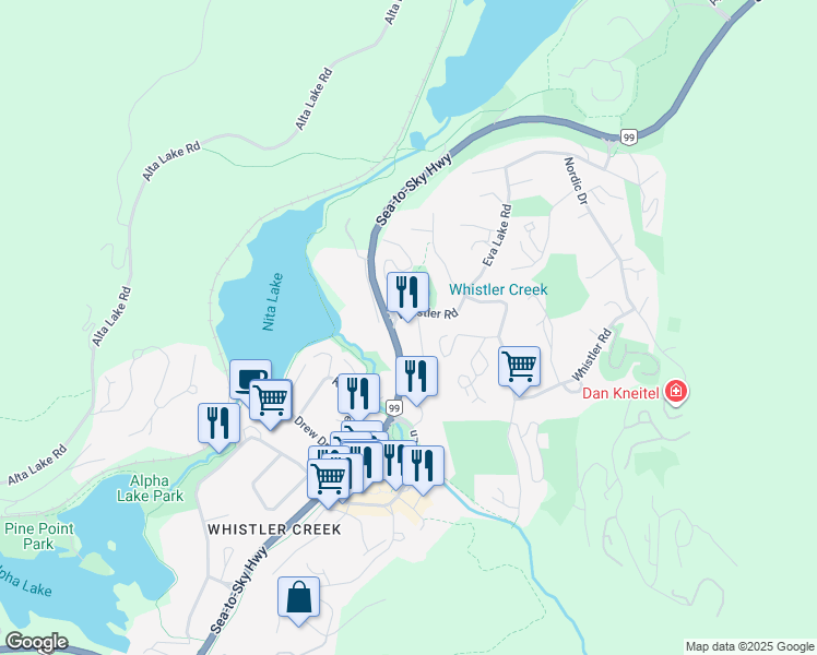 map of restaurants, bars, coffee shops, grocery stores, and more near 2117 Whistler Road in Whistler