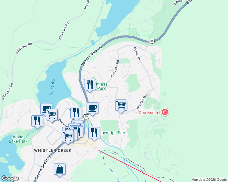 map of restaurants, bars, coffee shops, grocery stores, and more near 2301 Whistler Road in Whistler