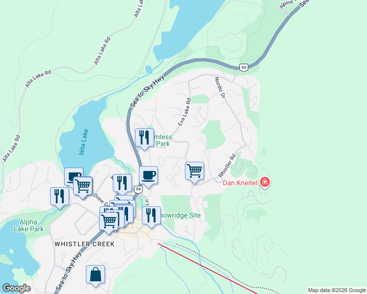 map of restaurants, bars, coffee shops, grocery stores, and more near 2301 Whistler Road in Whistler