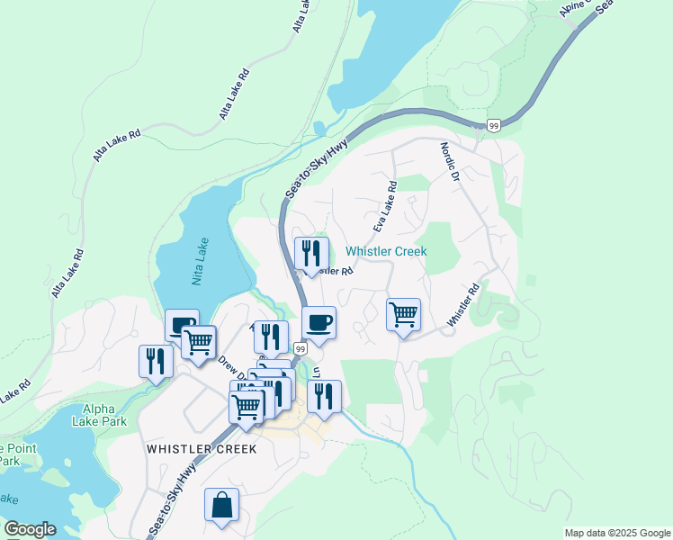 map of restaurants, bars, coffee shops, grocery stores, and more near 2154 Whistler Road in Whistler