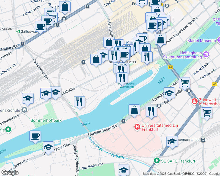 map of restaurants, bars, coffee shops, grocery stores, and more near 53 Speicherstraße in Frankfurt am Main
