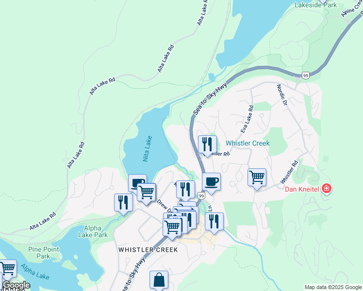 map of restaurants, bars, coffee shops, grocery stores, and more near 2020 Watson Way in Whistler