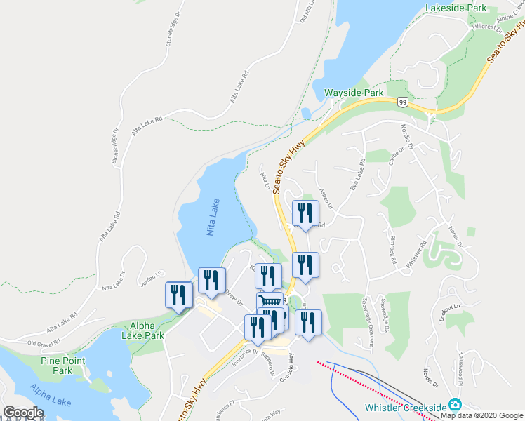 map of restaurants, bars, coffee shops, grocery stores, and more near 2020 Watson Way in Whistler