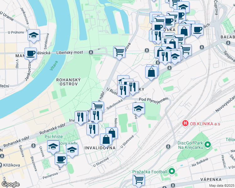 map of restaurants, bars, coffee shops, grocery stores, and more near U Rustonky in Hlavní město Praha