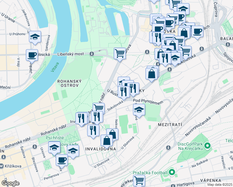 map of restaurants, bars, coffee shops, grocery stores, and more near U Rustonky in Hlavní město Praha