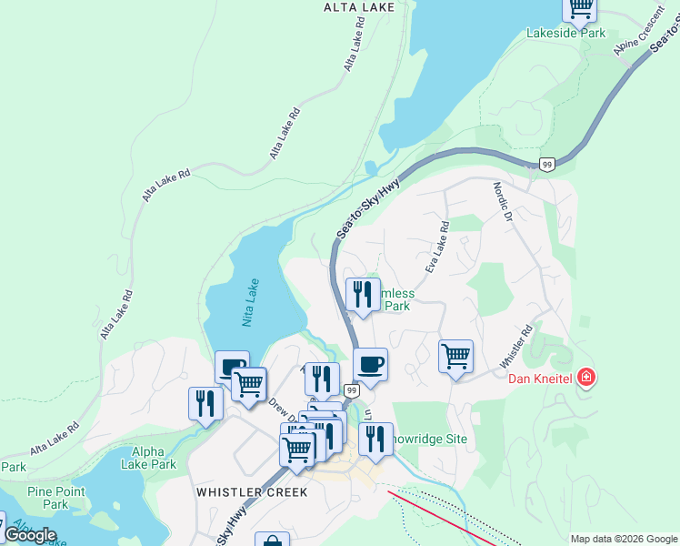 map of restaurants, bars, coffee shops, grocery stores, and more near 2110 Whistler Road in Whistler