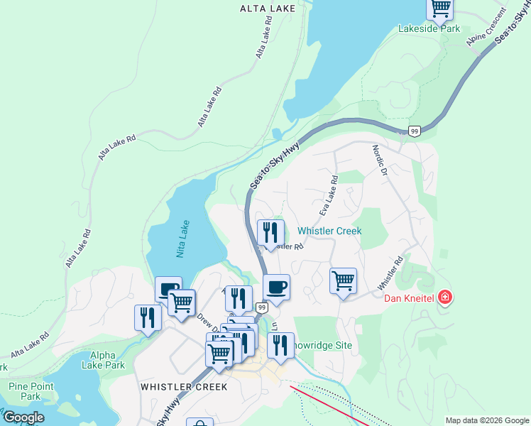 map of restaurants, bars, coffee shops, grocery stores, and more near 2110 Whistler Road in Whistler