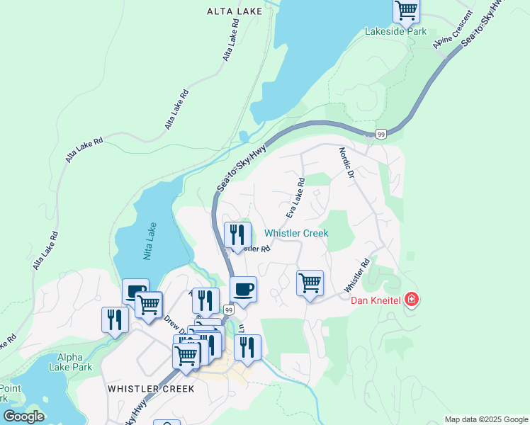 map of restaurants, bars, coffee shops, grocery stores, and more near 2219 Aspen Drive in Whistler