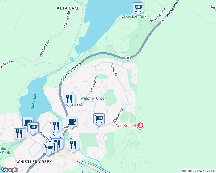 map of restaurants, bars, coffee shops, grocery stores, and more near 2222 Castle Drive in Whistler