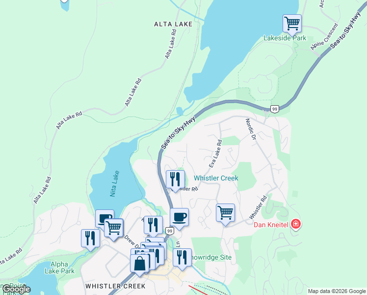 map of restaurants, bars, coffee shops, grocery stores, and more near 2242 Aspen Drive in Whistler