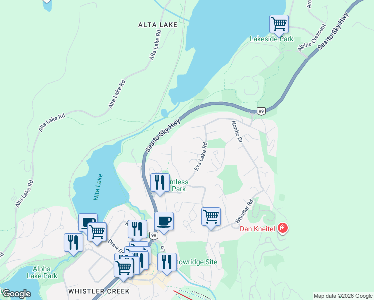 map of restaurants, bars, coffee shops, grocery stores, and more near 2230 Eva Lake Road in Whistler
