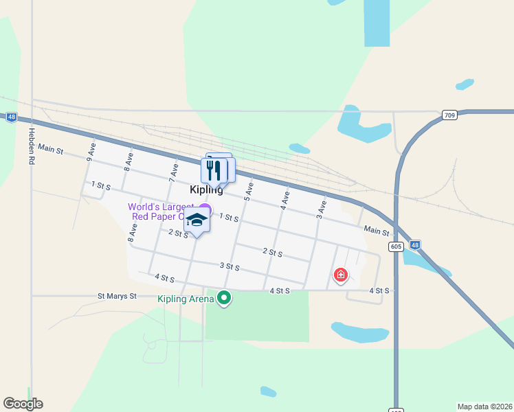 map of restaurants, bars, coffee shops, grocery stores, and more near 401 Main Street in Kipling