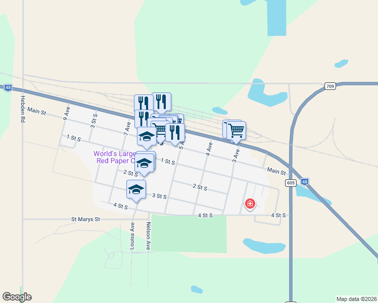 map of restaurants, bars, coffee shops, grocery stores, and more near 401 Main Street in Kipling