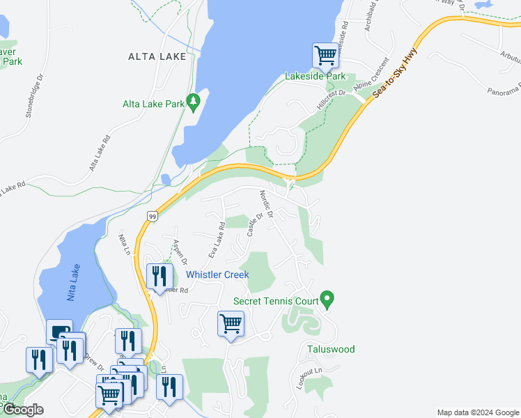 map of restaurants, bars, coffee shops, grocery stores, and more near 2101 Castle Drive in Whistler