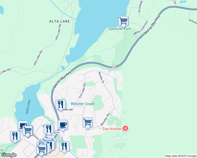 map of restaurants, bars, coffee shops, grocery stores, and more near 2101 Castle Drive in Whistler