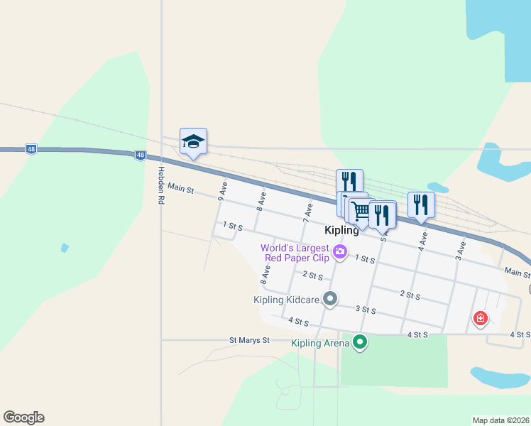 map of restaurants, bars, coffee shops, grocery stores, and more near 801 Main Street in Kipling