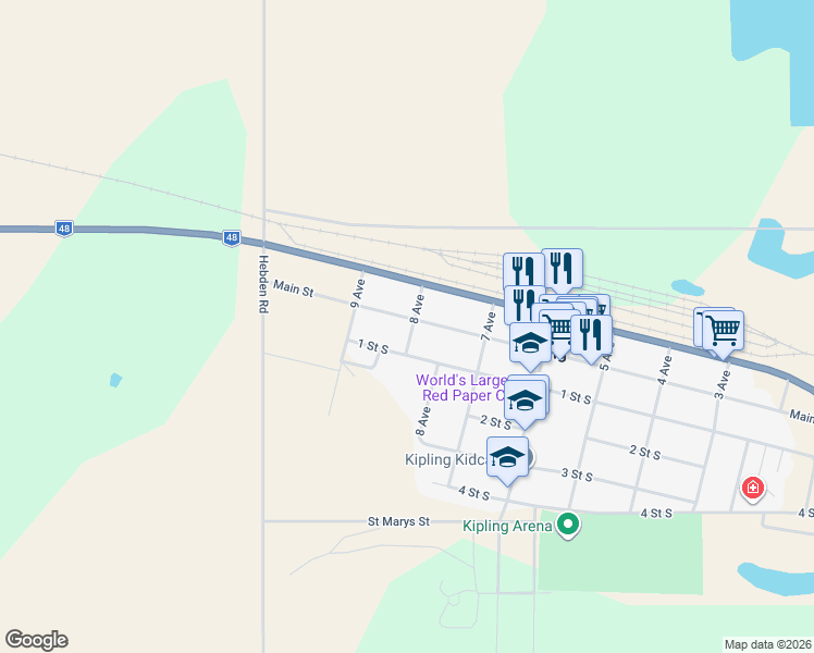 map of restaurants, bars, coffee shops, grocery stores, and more near 801 Main Street in Kipling