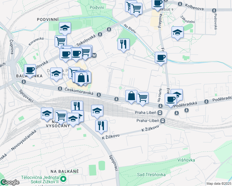 map of restaurants, bars, coffee shops, grocery stores, and more near 2510 Českomoravská in Hlavní město Praha