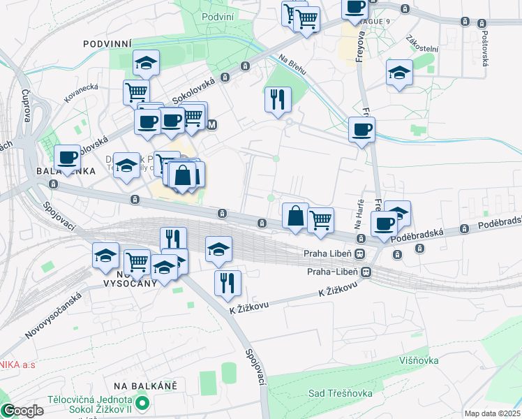 map of restaurants, bars, coffee shops, grocery stores, and more near 2510 Českomoravská in Hlavní město Praha