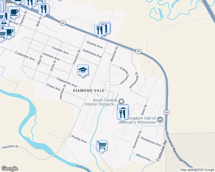 map of restaurants, bars, coffee shops, grocery stores, and more near 1703 Menzies Street in Merritt