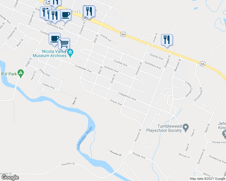 map of restaurants, bars, coffee shops, grocery stores, and more near Clapperton Avenue in Merritt