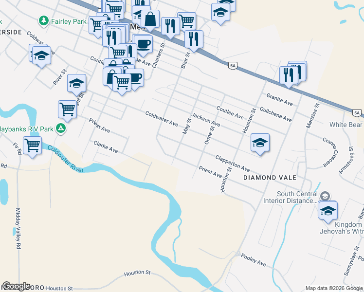 map of restaurants, bars, coffee shops, grocery stores, and more near 2398 Clapperton Avenue in Merritt