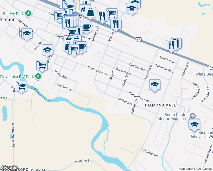 map of restaurants, bars, coffee shops, grocery stores, and more near 2398 Clapperton Avenue in Merritt