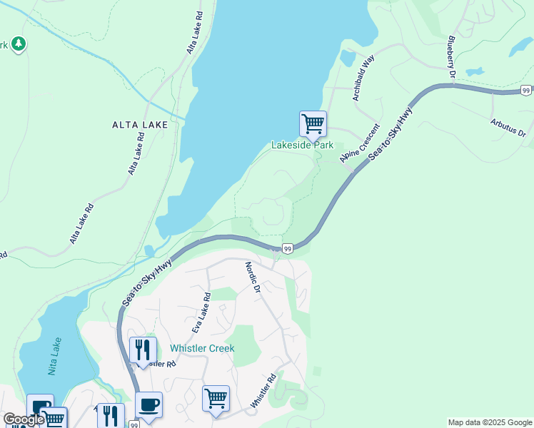 map of restaurants, bars, coffee shops, grocery stores, and more near 3050 Hillcrest Drive in Whistler