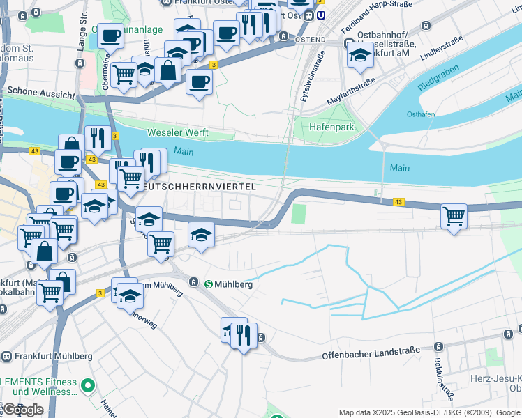 map of restaurants, bars, coffee shops, grocery stores, and more near 76 Zum Laurenburger Hof in Frankfurt am Main