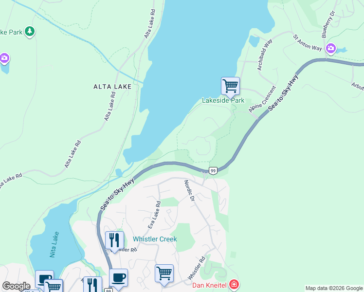 map of restaurants, bars, coffee shops, grocery stores, and more near 3070 Hillcrest Drive in Whistler