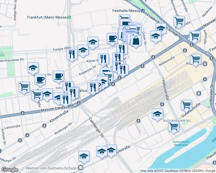 map of restaurants, bars, coffee shops, grocery stores, and more near 195 Mainzer Landstraße in Frankfurt am Main