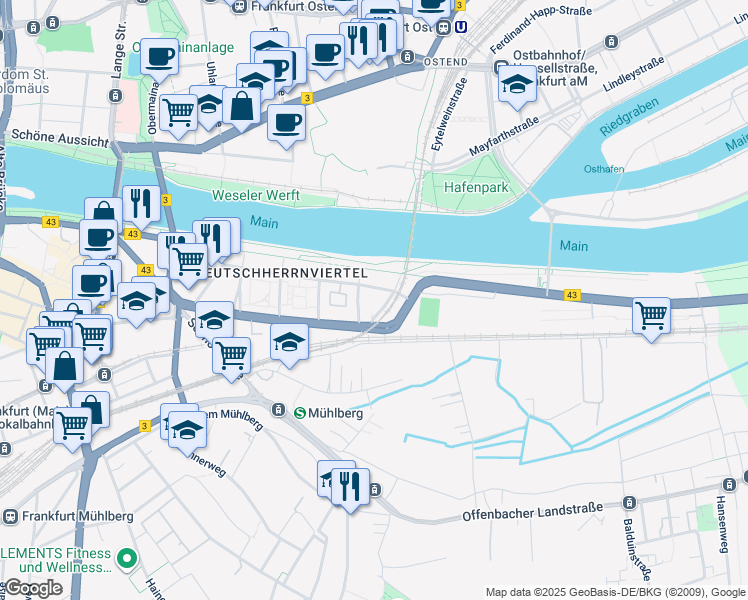 map of restaurants, bars, coffee shops, grocery stores, and more near 76 Zum Laurenburger Hof in Frankfurt am Main