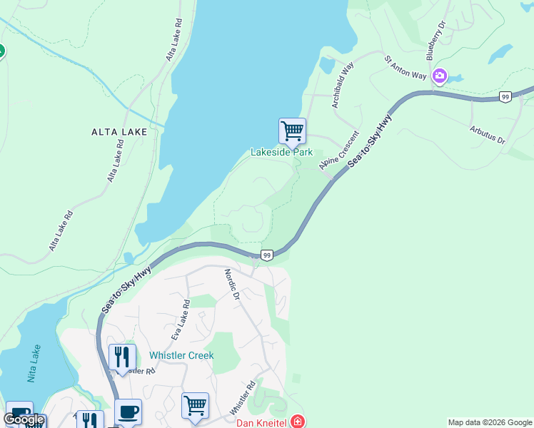 map of restaurants, bars, coffee shops, grocery stores, and more near 3050 Hillcrest Drive in Whistler