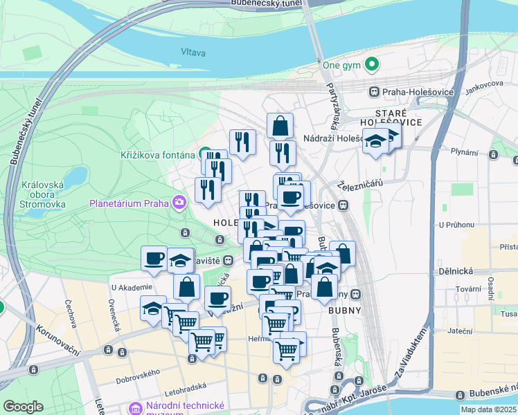map of restaurants, bars, coffee shops, grocery stores, and more near in Prague
