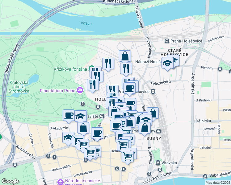 map of restaurants, bars, coffee shops, grocery stores, and more near in Hlavní město Praha