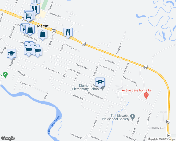 map of restaurants, bars, coffee shops, grocery stores, and more near 2552 Coutlee Avenue in Merritt
